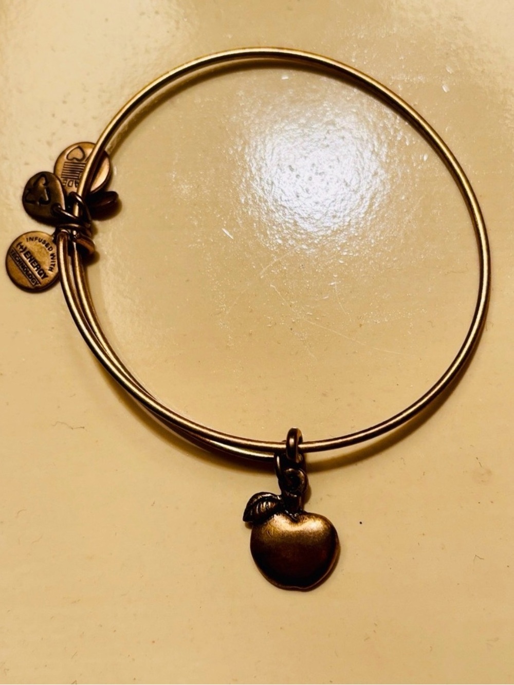 Gently used, ALEX AND ANI Gold Tone Apple Charm Bangle Bracelet 🍎🍏